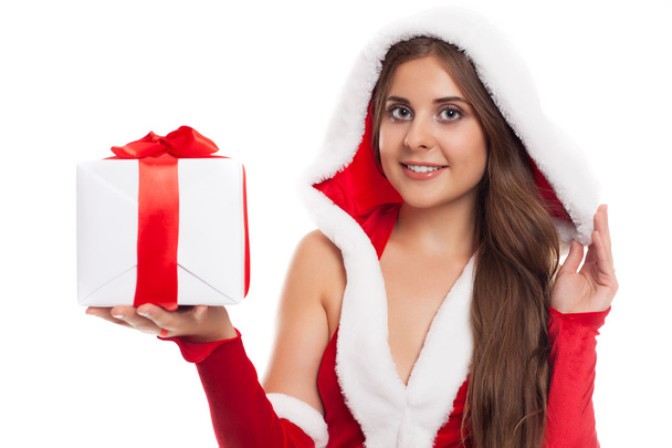 Christmas Santa hat isolated woman portrait hold christmas gift. - Foto, afbeelding