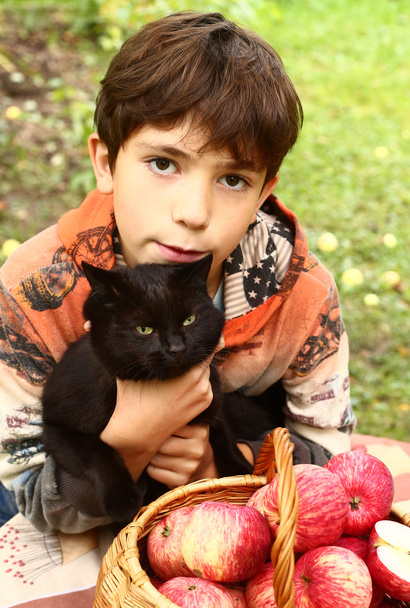 мальчик с черной кошкой и красными яблоками крупным планом портрет
 - Фото, изображение