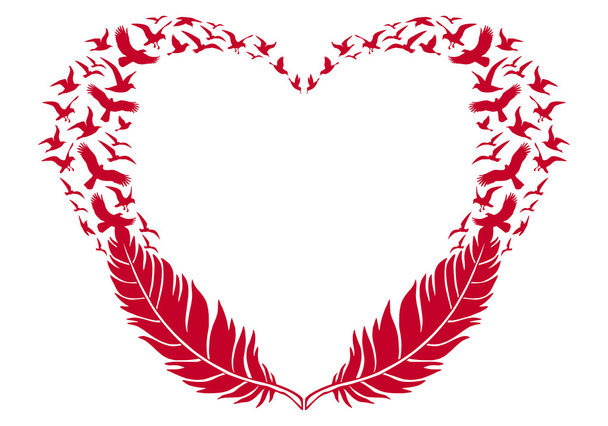 red heart with feathers and flying birds, vector - Vector, Image
