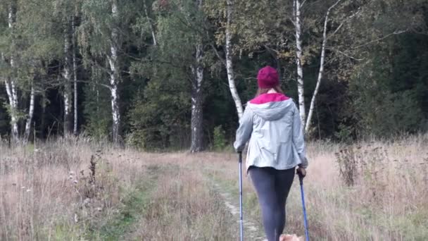 Nuori nainen menee Nordic kävely ulkona
 - Materiaali, video