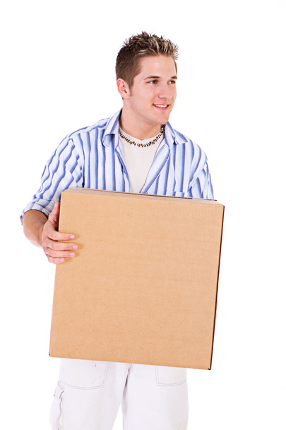Student: Man With Packing Box Glances To Side - Foto, immagini