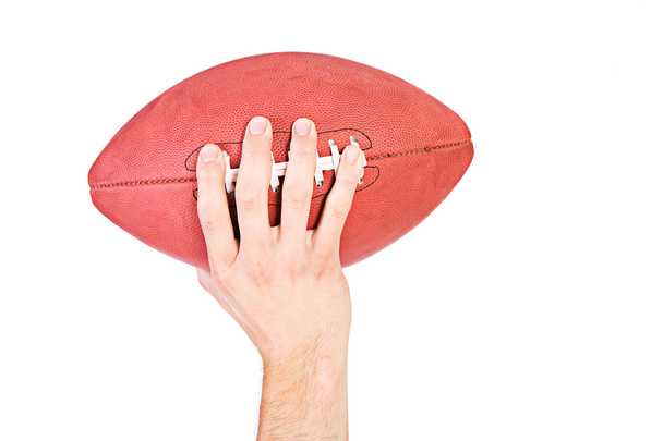 Jalkapallo: käsi tilalla pallo eristetty valkoinen
 - Valokuva, kuva