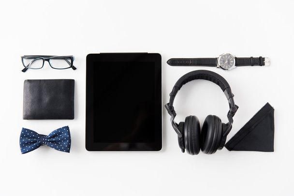 tablet pc, headphones with hipster personal stuff - Photo, Image