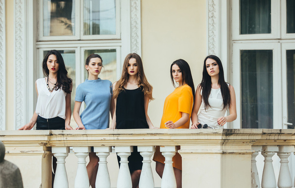 Cinco hermosas chicas jóvenes en vestidos
 - Foto, Imagen
