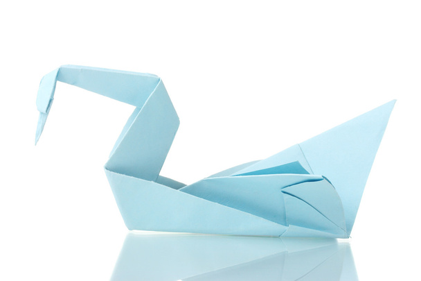 Origami swan out of the blue paper isolated on white - Фото, зображення