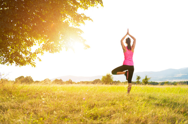 Young athletic woman practicing yoga on a meadow at sunset, image with lens flare - Foto, imagen