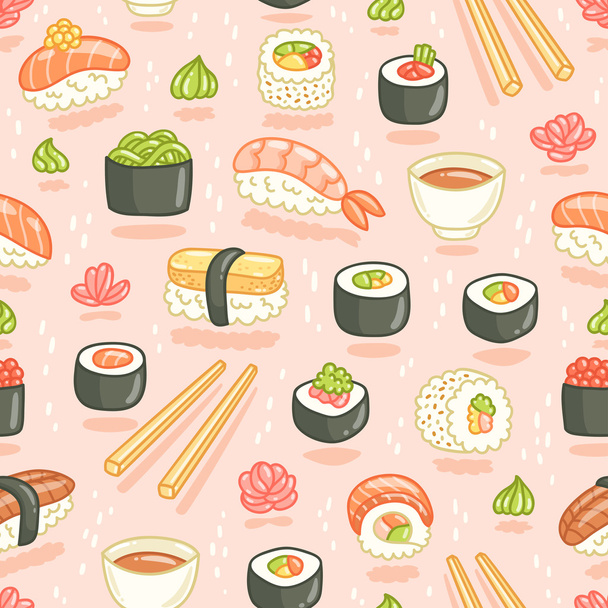Sushi y rollos patrón sin costura sobre fondo rosa
 - Vector, Imagen