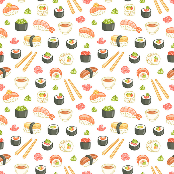 Sushi és a tekercs varrat nélküli mintát fehér háttér - Vektor, kép