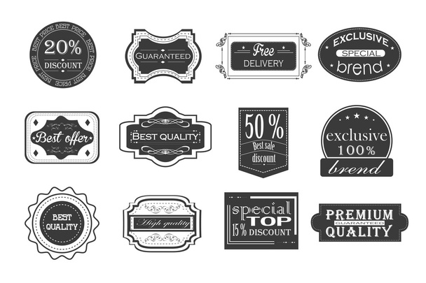 Collection of vintage monochrome retro labels, badges and icons. Vector - Вектор,изображение