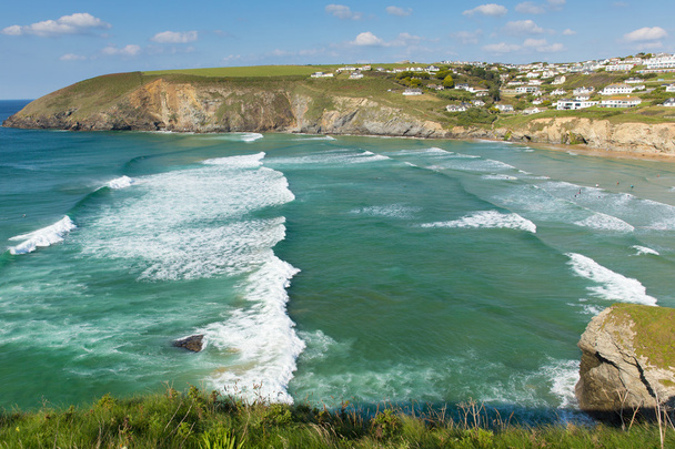 Beautiful surfing beach near Newquay of Mawgan Porth north Cornwall England uk on a summer day with blue sky on the Cornish Atlantic coast - Photo, Image