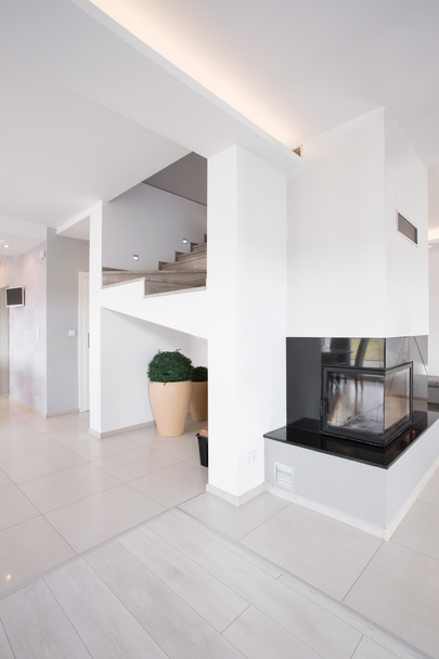 Modern design fireplace and staircase - 写真・画像