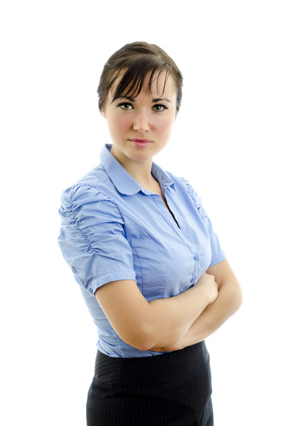 Geschäftsfrau in blauer Bluse mit verschränkten Armen, isoliert auf weiß - Foto, Bild