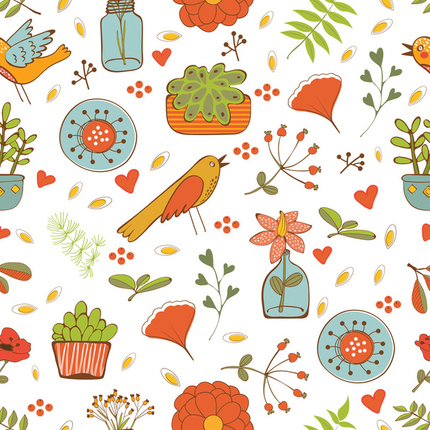 PrintSeamless pattern with plants birds leaves and flowers - Vektori, kuva