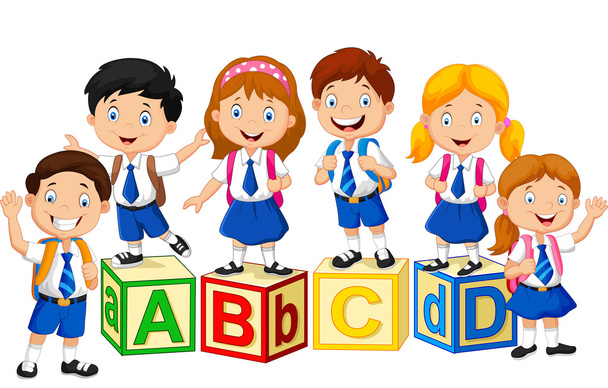Happy school kids with alphabet block - Vektör, Görsel