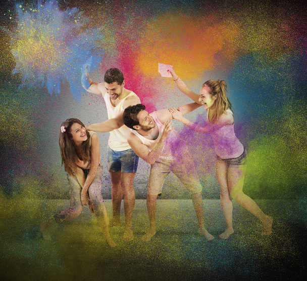 friends have fun with colored powders - Photo, Image