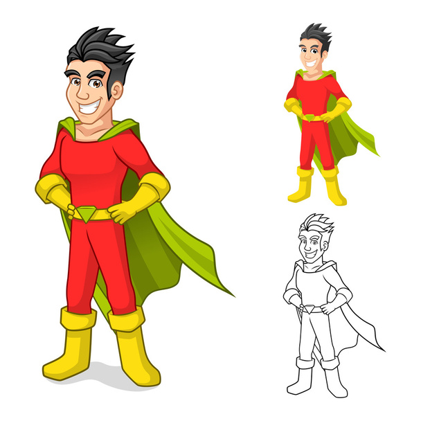 Personagem super legal dos desenhos animados do herói com cabo e dose de pé
 - Vetor, Imagem