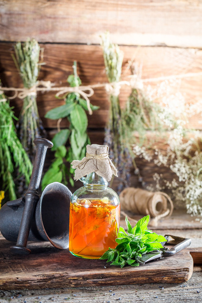 Therapeutic herbs in bottles as homemade cure - Fotoğraf, Görsel