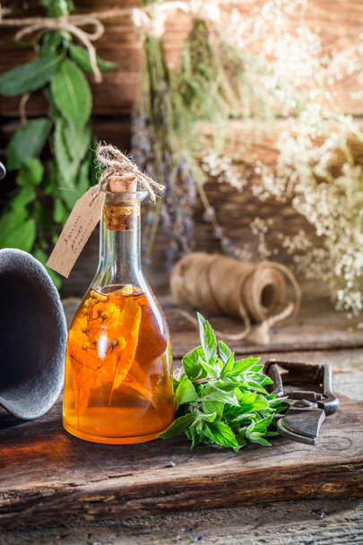 Therapeutic tincture in bottles with alcohol and herbs - Фото, зображення