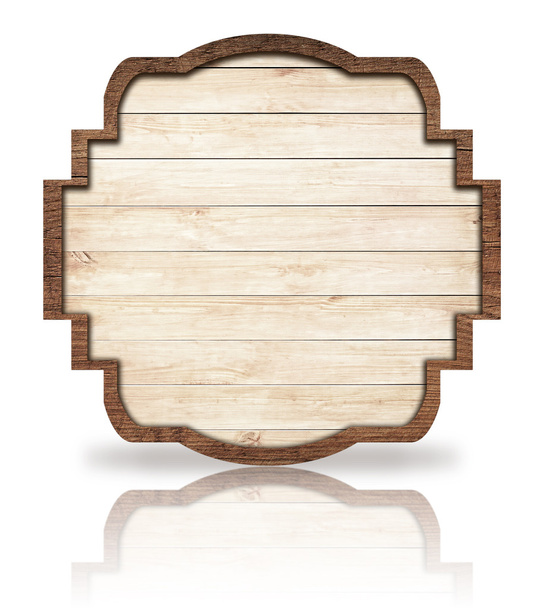 Brązowy drewniany szyld ozdobny, odbicie na biały, ciemne ramki i światła deski - Zdjęcie, obraz