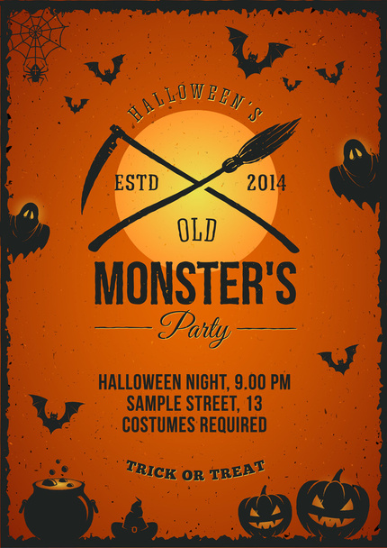 Vector Halloween Monster Party Poster Invitation Template. With Bats, Pumpkins, Moon and Shabby Texture. - Vector, Image