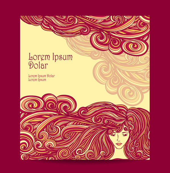 Szablon Flyer piękna dziewczyna z długie kręcone włosy w kolorze beżowym czerwony - Wektor, obraz