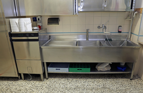 large stainless steel sink of industrial kitchen for preparing f - Photo, Image