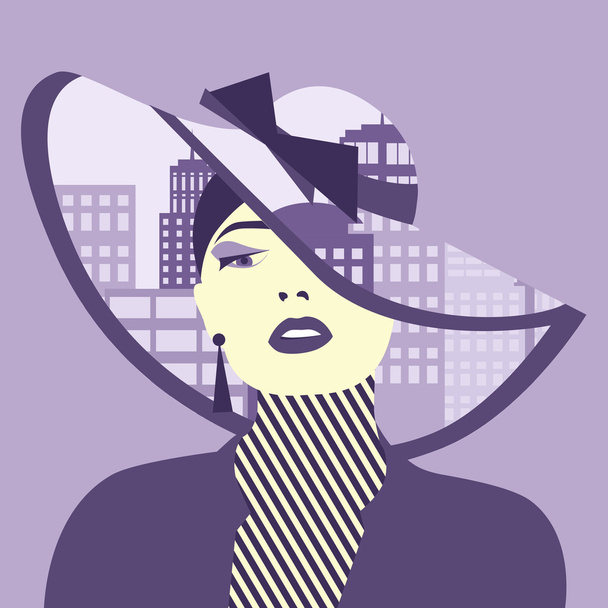 Ilustracja wektorowa podwójnej ekspozycji. Kobieta z miasta w kapeluszu - Wektor, obraz