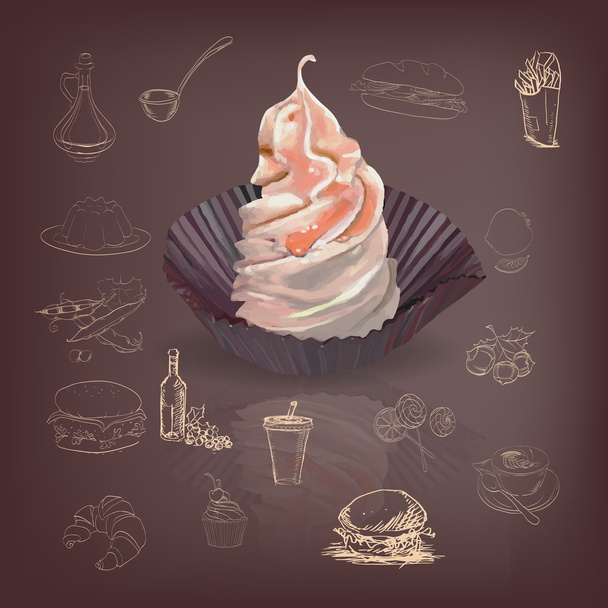food icon candy glass, truck, cup, cookies, strawberries, drawing - ベクター画像