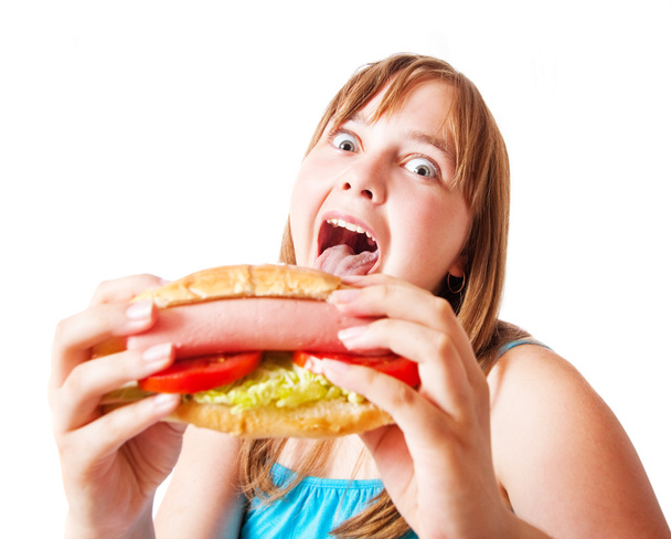 Funny girl with hot dog - Фото, зображення