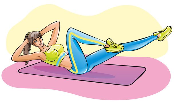 Αθλητική όμορφη κοπέλα κάνει κοιλιακό ασκήσεις στο γυμναστήριο, διάνυσμα - Διάνυσμα, εικόνα