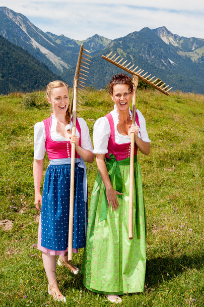 Dos mujeres en dirndl con rastrillos divertirse en el trabajo
 - Foto, Imagen