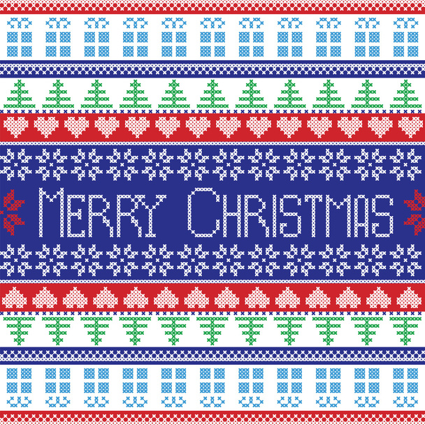 Rouge, bleu, vert et blanc Joyeux motif de Noël avec des éléments décoratifs arbres, fleurs, cadeaux de Noël au point de croix de style scandinave
 - Vecteur, image