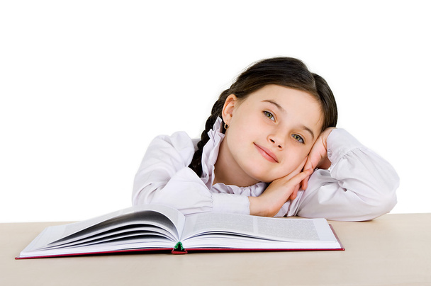 bambina felice con un libro su sfondo bianco
 - Foto, immagini