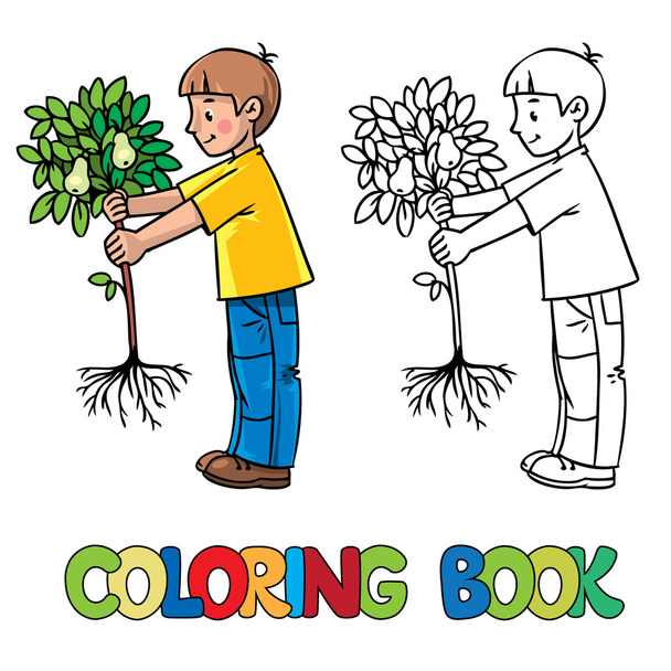 Boy the gardener with a tree. Coloring book - Vector, Image