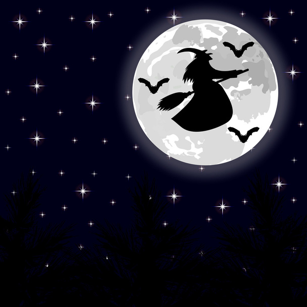 witch flying on a broom on a full moon in the forest - Vector, afbeelding