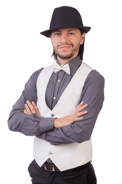 man in grijs shirt en zwarte hoed - Foto, afbeelding