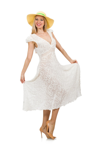 Mujer en vestido largo de verano y sombrero aislado en blanco
 - Foto, imagen
