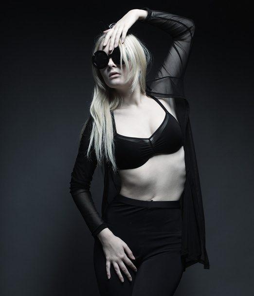 blond woman posing in black lingerie - Фото, изображение