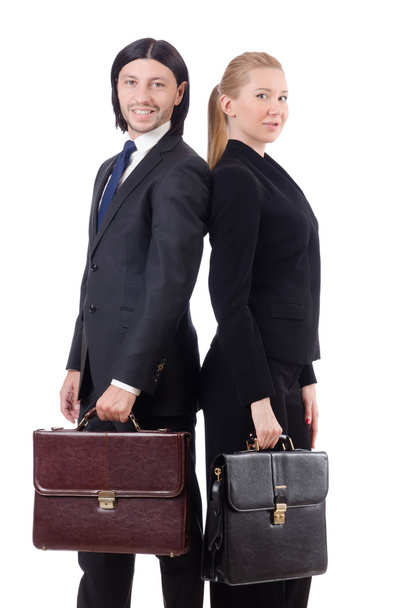 Homme d'affaires et femme d'affaires avec mallettes isolées sur blanc
 - Photo, image