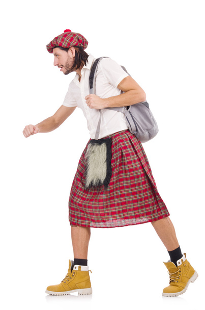 Странный шотландец с сумкой, изолированной на белом
 - Фото, изображение