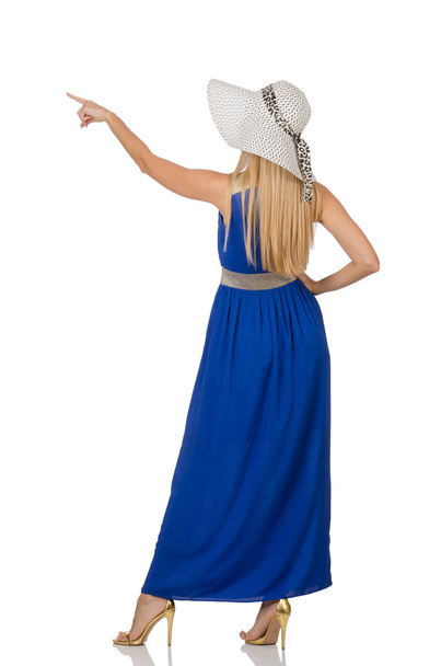 Красивая женщина в длинном голубом платье изолированы на белом - Фото, изображение