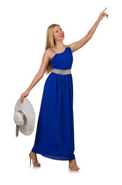 Hermosa mujer en vestido azul largo aislado en blanco - Foto, imagen