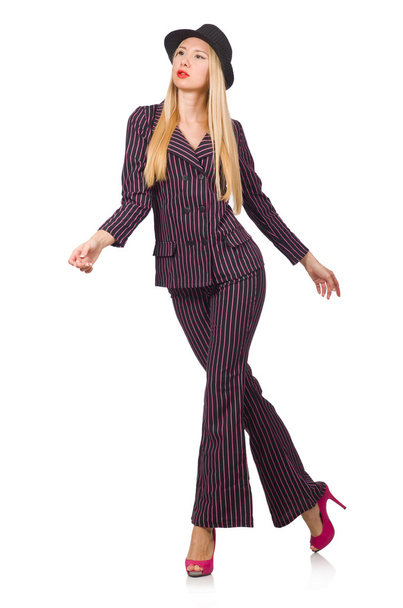 Pretty girl in purple retro suit isolated on white - Фото, изображение