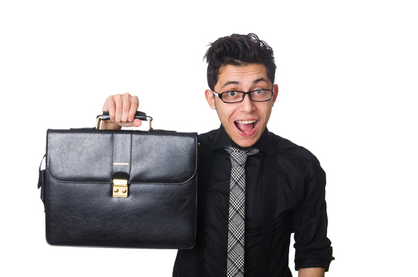Young smiling employee with briefcase isolated on white - Photo, Image