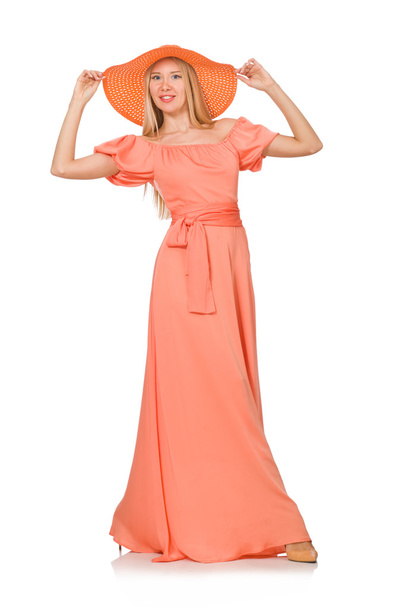 Young woman in pink romantic dress isolated on white - Fotoğraf, Görsel