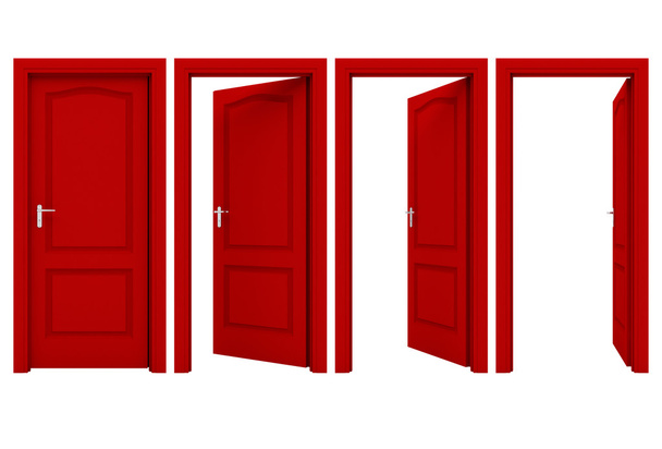 Avoin punainen ovi eristetty valkoisella taustalla
 - Valokuva, kuva