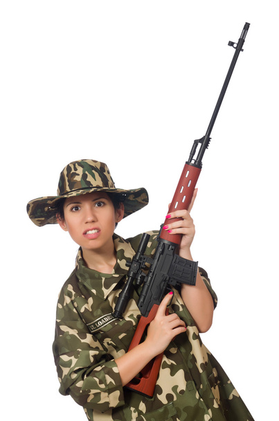 Frau mit Scharfschützenwaffe isoliert auf Weiß - Foto, Bild