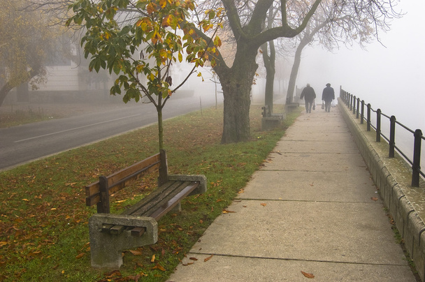 twee oudere lopen langs de rivier die door dikke herfst mist is verborgen, - Foto, afbeelding