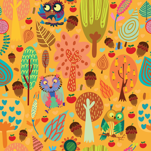 Cartoon trees and owls - Vetor, Imagem