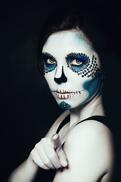 Woman with Halloween Makeup.  Sugar skull Beautiful Model. Santa - Foto, immagini